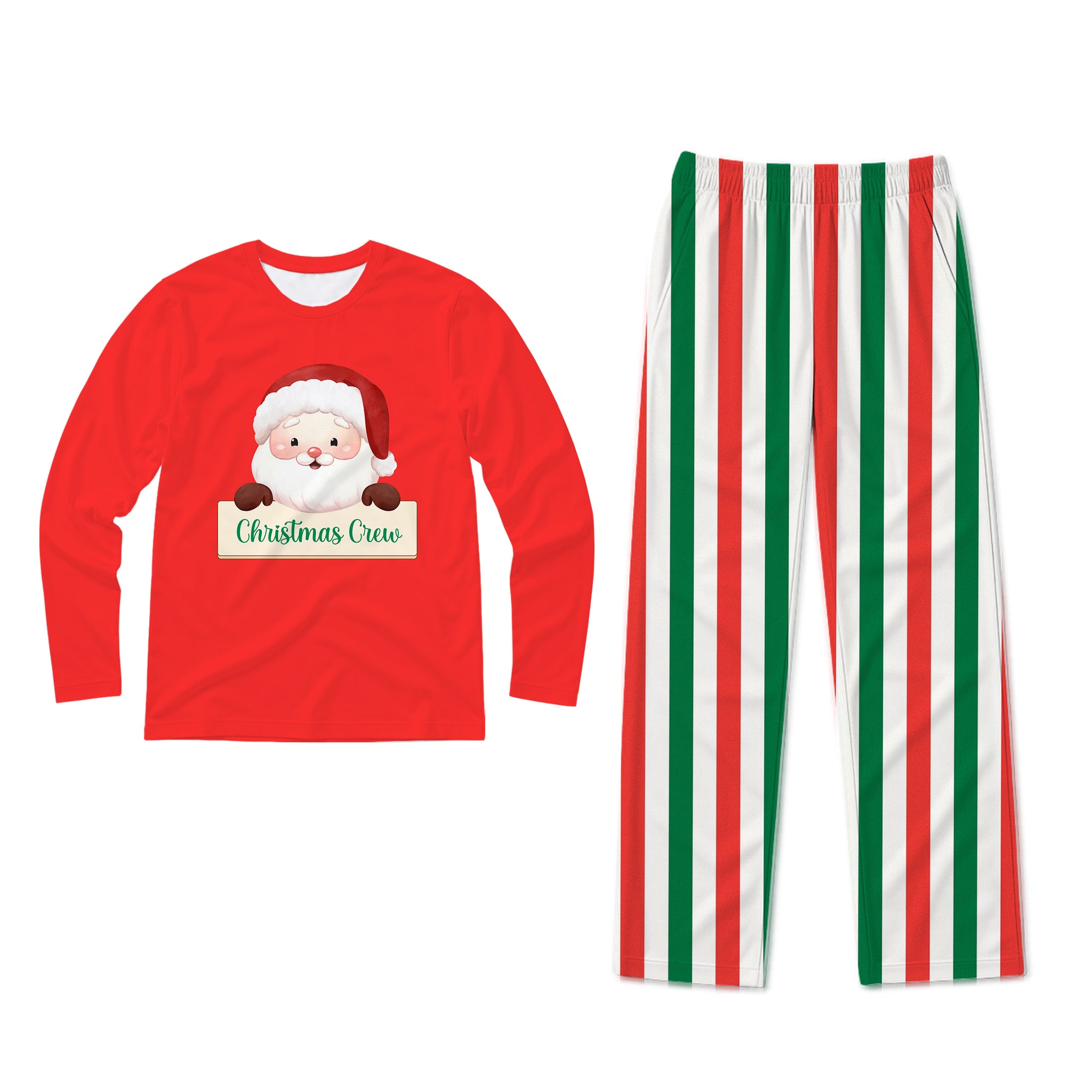 A Christmas-themed two-piece pajama set on a plain white background. The long-sleeve shirt is bright red with a graphic of a smiling Santa Claus peeking over a sign that reads 'Christmas Crew'.