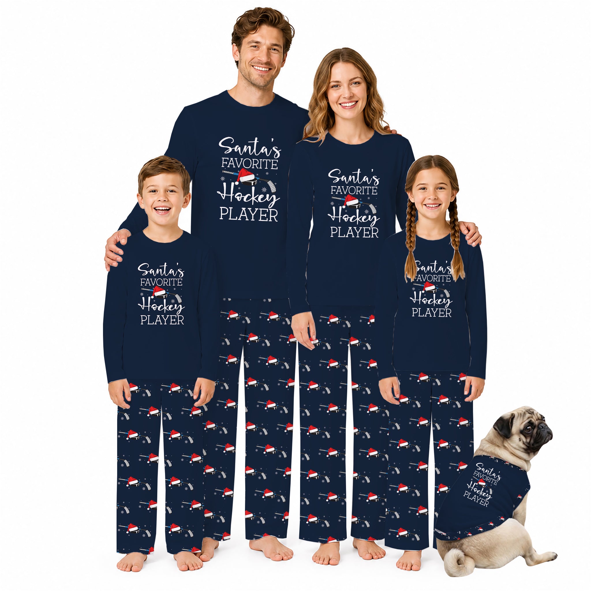 A family of four wearing matching Navy Blue pajamas with White text reading 'Santa's Favorite Hockey Player' stands barefoot against a White background, with a small pug dog sitting at their right. The pajama set includes long-sleeve tops and patterned pants with repeated hockey motifs.