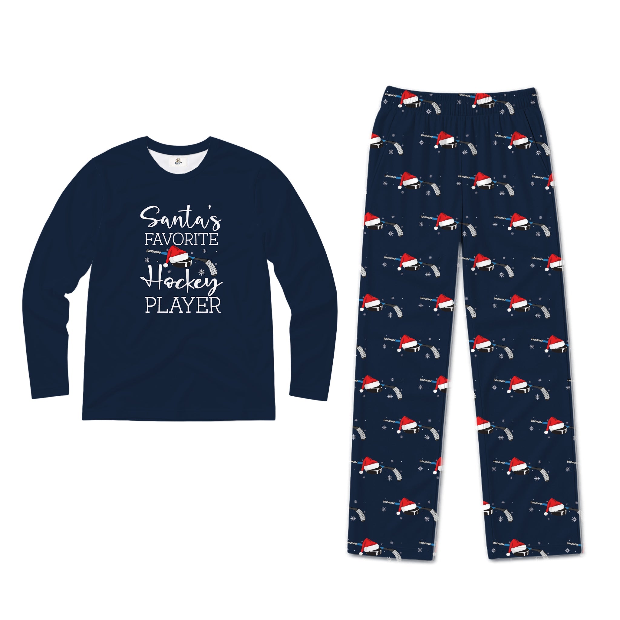 A two-piece kids' pajama set on a White background, featuring a Navy Blue long-sleeve shirt with the text 'Santa's Favorite Hockey Player' and matching Navy pants with an all-over print of hockey players wearing Red Santa hats.