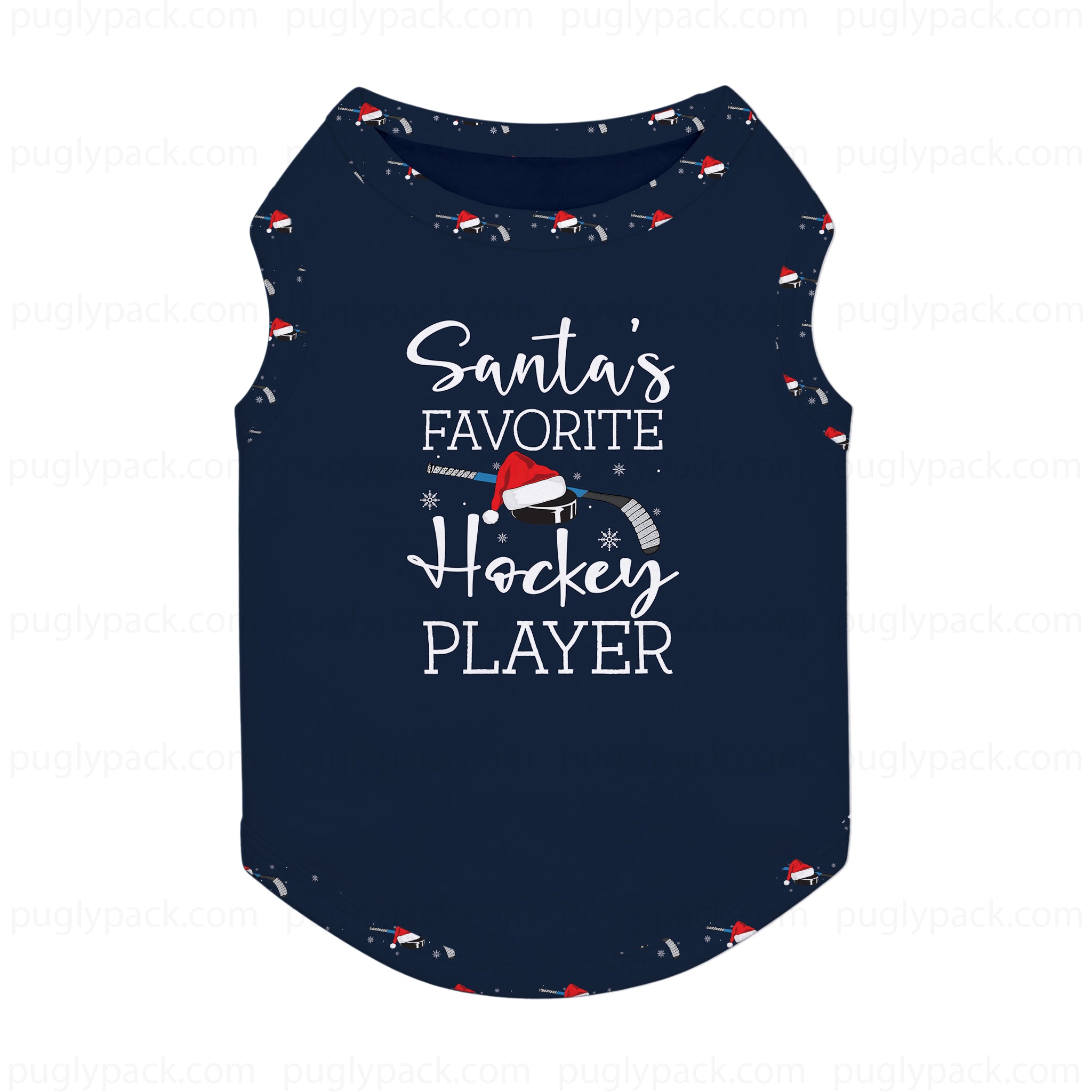 A Navy Blue sleeveless pet shirt with a festive holiday graphic. The design features the text 'Santa's FAVORITE Hockey PLAYER' in White script and block lettering, accompanied by a small illustration of a hockey stick and helmet with a Santa hat.