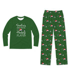 A two-piece kids' holiday pajama set on a White background. The long-sleeve shirt is dark Green with White text reading 'Santa's Favorite Hockey Player' and a small Santa graphic.
