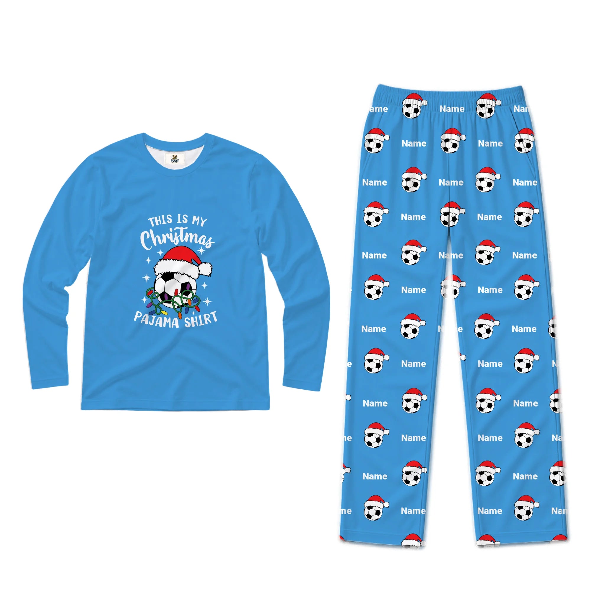 A two-piece Christmas-themed pajama set on a plain white background. The long-sleeve shirt is bright blue with a graphic of a pirate wearing a Santa hat and the text 'THIS IS MY Christmas Pajama SHIRT'.
