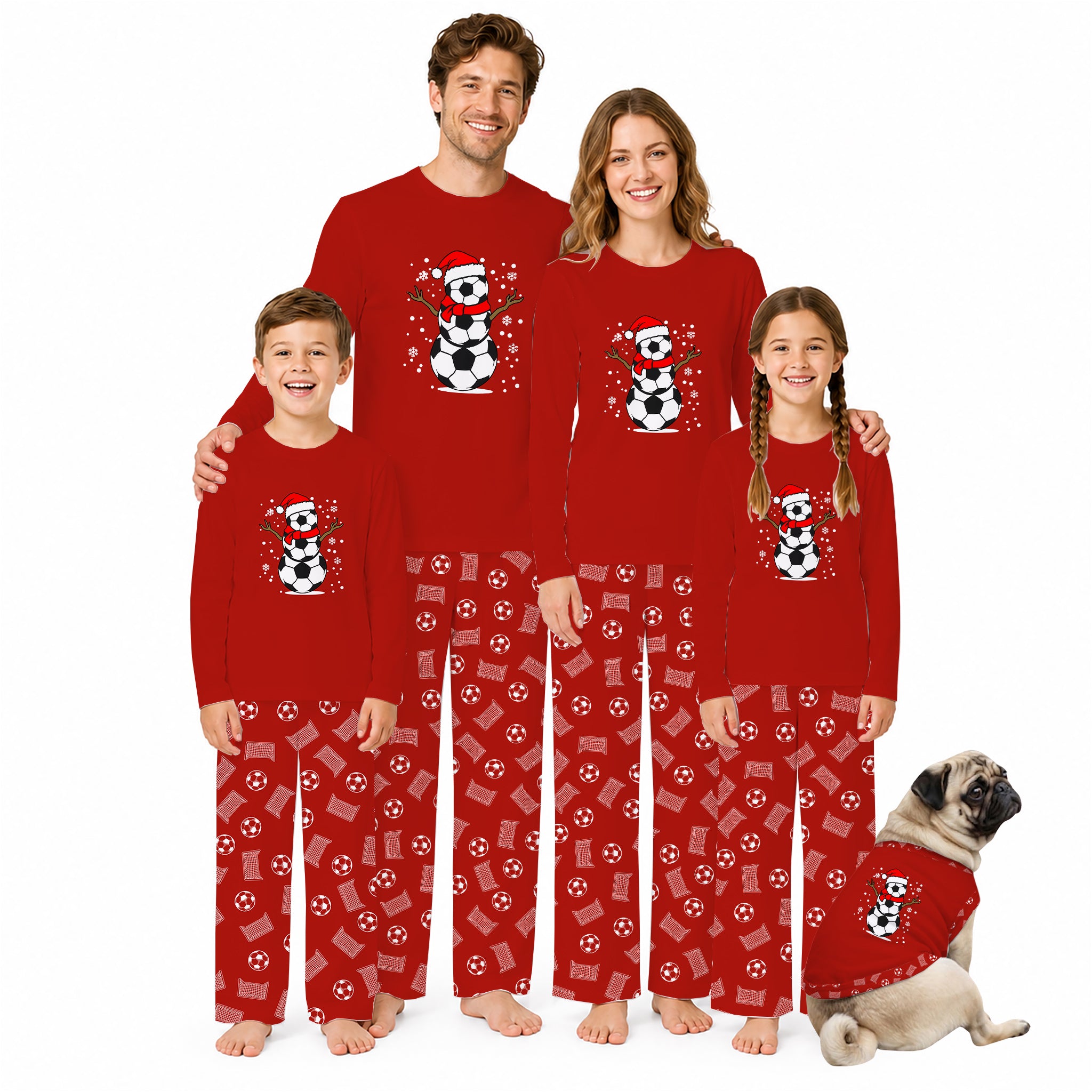 A family of four and a pug wearing matching red Christmas-themed pajamas with a soccer-themed panda graphic on the chest and a red-and-white patterned design on the pants, posed against a solid white background.