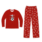 A two-piece kids' pajama set on a white background, featuring a red long-sleeve shirt with a festive snowman graphic made of soccer balls and a Santa hat, and matching red pants with an all-over soccer ball and net pattern.