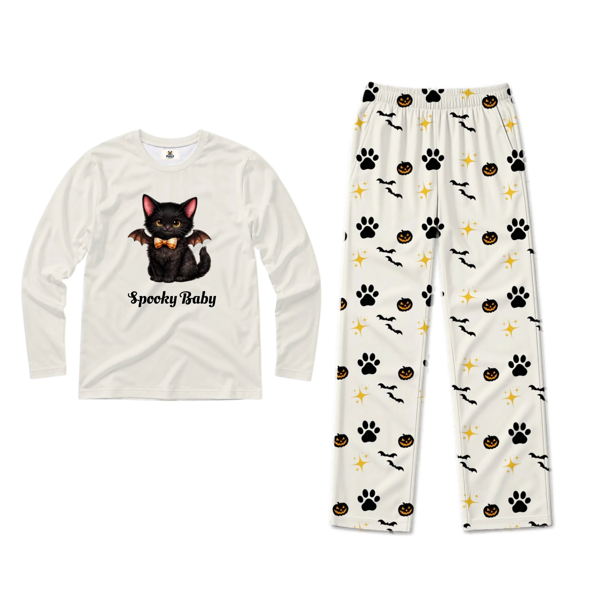 A two-piece Halloween pajama set on a white background. The long-sleeve shirt is off-white with a graphic of a black kitten with bat wings and the text 'Spooky Baby'.