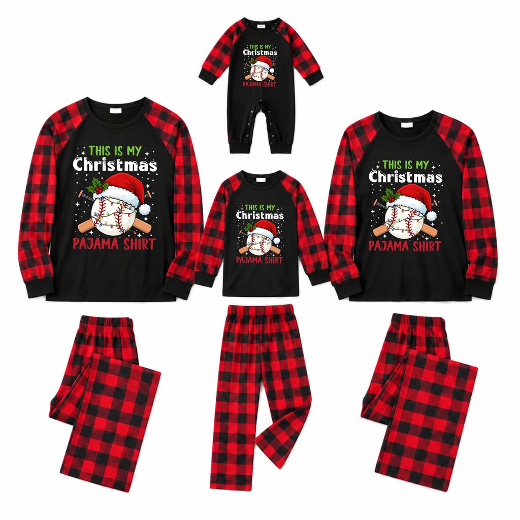 A matching family Christmas pajama set displayed on a white background, including long-sleeve shirts and pants for different sizes. The sets feature a black and red buffalo plaid pattern with a front graphic of a baseball wearing a Santa hat and the text 'THIS IS MY Christmas Pajama SHIRT'.