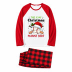 A two-piece Christmas-themed pajama set featuring a white and red raglan long-sleeve shirt with a baseball graphic and the text 'THIS IS MY Christmas PJAMA SHIRT', paired with matching red and black plaid pants, displayed on a clean white background.