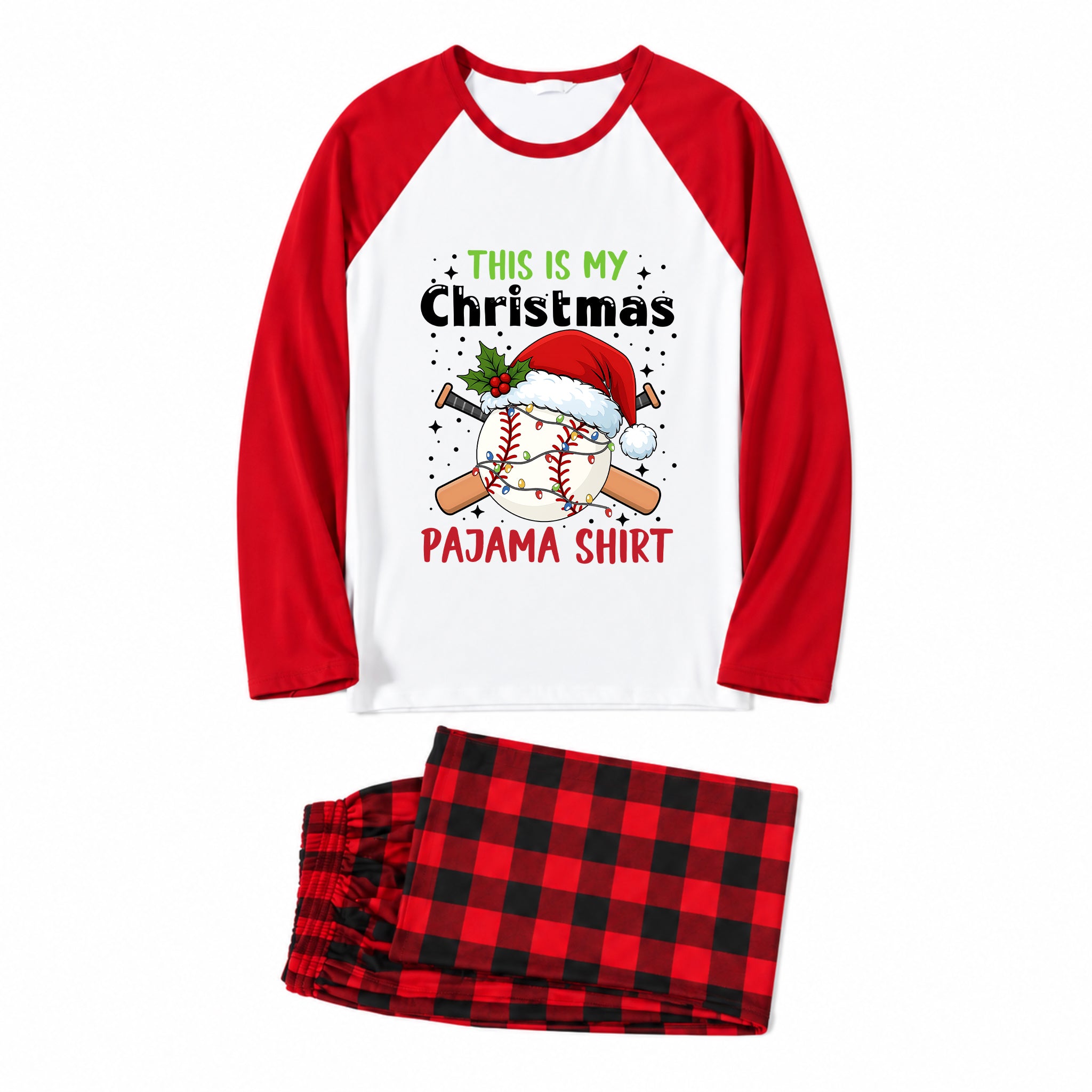 A two-piece Christmas-themed pajama set featuring a white and red raglan long-sleeve shirt with a baseball graphic and the text 'THIS IS MY Christmas PJAMA SHIRT', paired with matching red and black plaid pants, displayed on a clean white background.