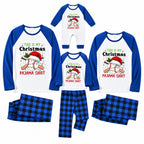 A matching family pajama set displayed on a white background, including long-sleeve raglan pajama shirts and matching plaid pajama pants in multiple sizes. The shirts are white with royal blue sleeves and collar, featuring a baseball graphic with a red Santa hat and the text 'THIS IS MY Christmas PAJAMA SHIRT'.