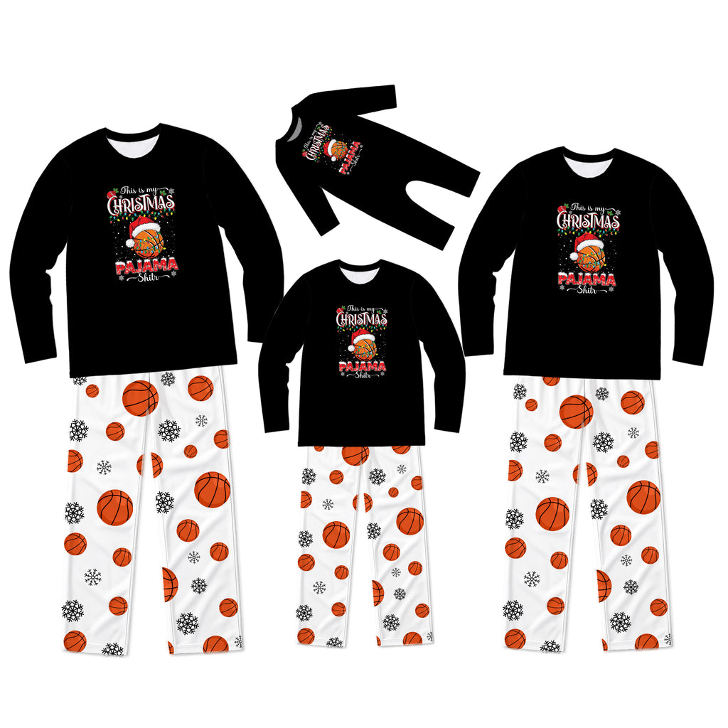 Three matching Christmas-themed long-sleeve pajama sets for different sizes, displayed on a solid white background. Each set features a black crewneck shirt with a festive graphic and white pants patterned with orange basketballs, gray snowflakes, and small red accents.