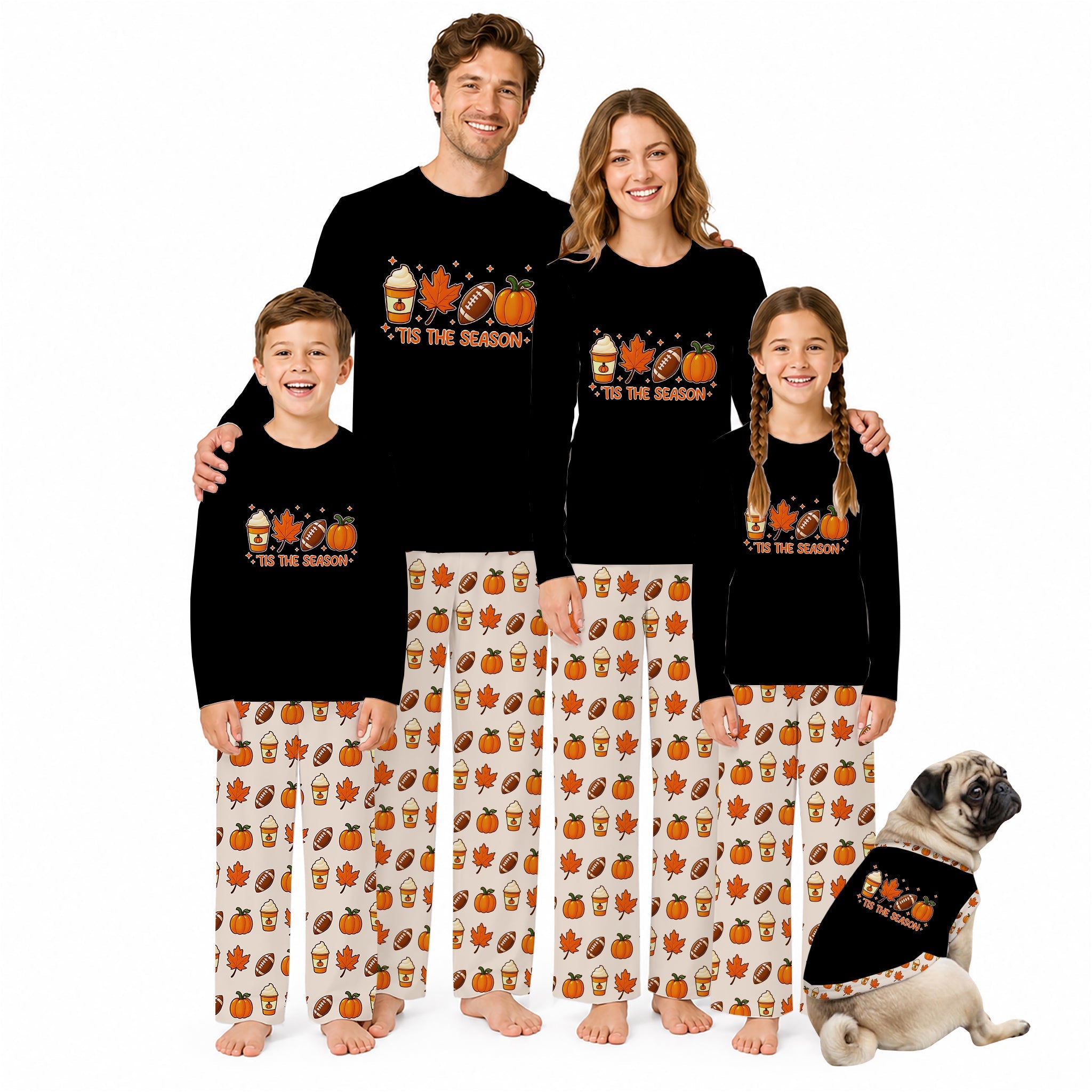 A family of four wearing matching Black long-sleeve pajamas with a 'Too Bad the Season' autumn sports graphic on the chest, paiRed with White pajama pants featuring a repeating pattern of pumpkins, fall leaves, and sports balls. A small pug dog wearing a matching pajama top sits on the right against a solid White background.