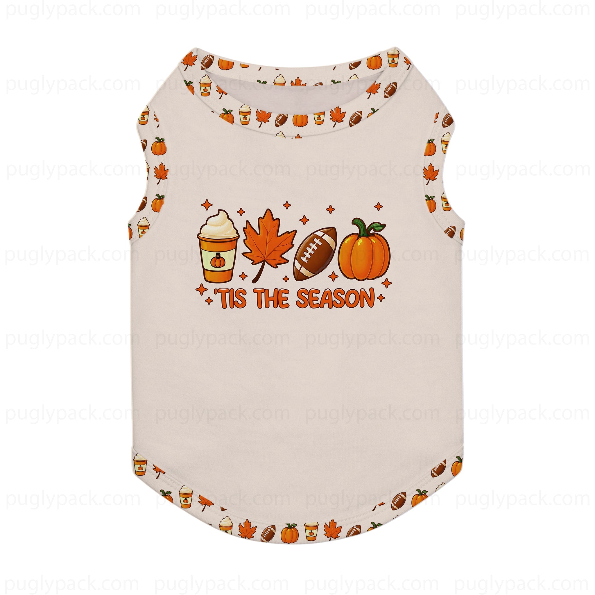 A sleeveless pet shirt in Cream with a festive autumn graphic on the front. The graphic features a coffee cup, maple leaf, football, and pumpkin above the text 'TIS THE SEASON'.