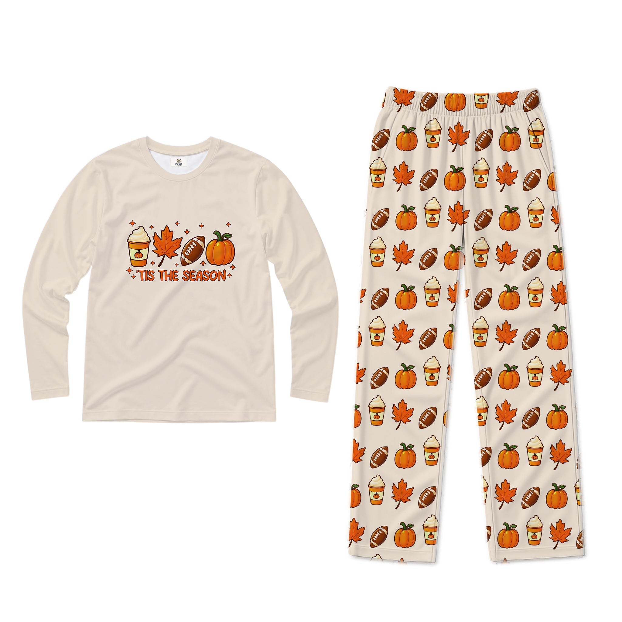 A two-piece long-sleeve pajama set on a White background. The long-sleeve shirt is Cream with an autumn graphic of a coffee cup, maple leaf, football, and pumpkin with the text 'TIS THE SEASON'.