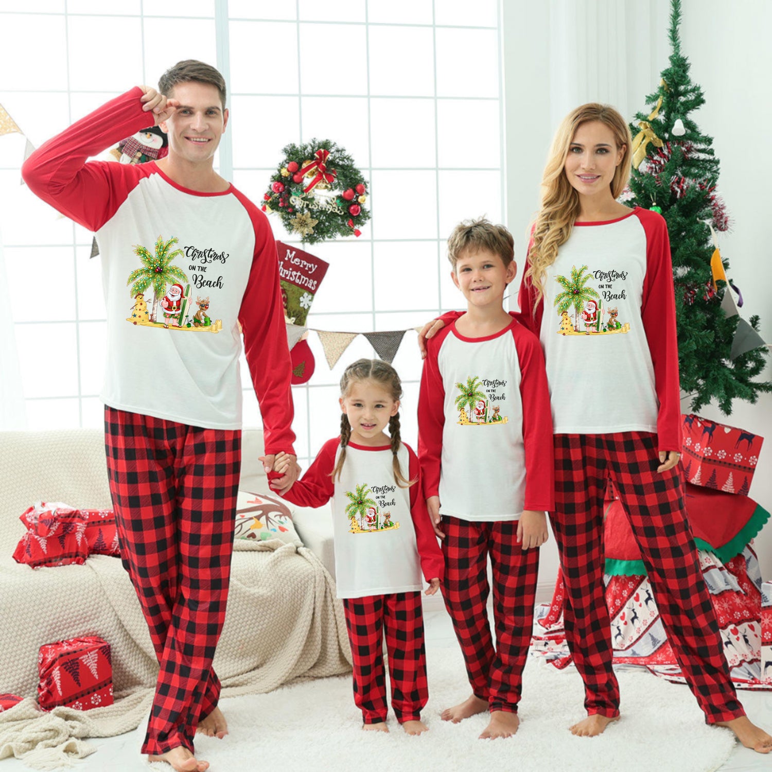 Family Christmas Pajama Set Santa Beach Matching Buffalo Plaid Sleepwear